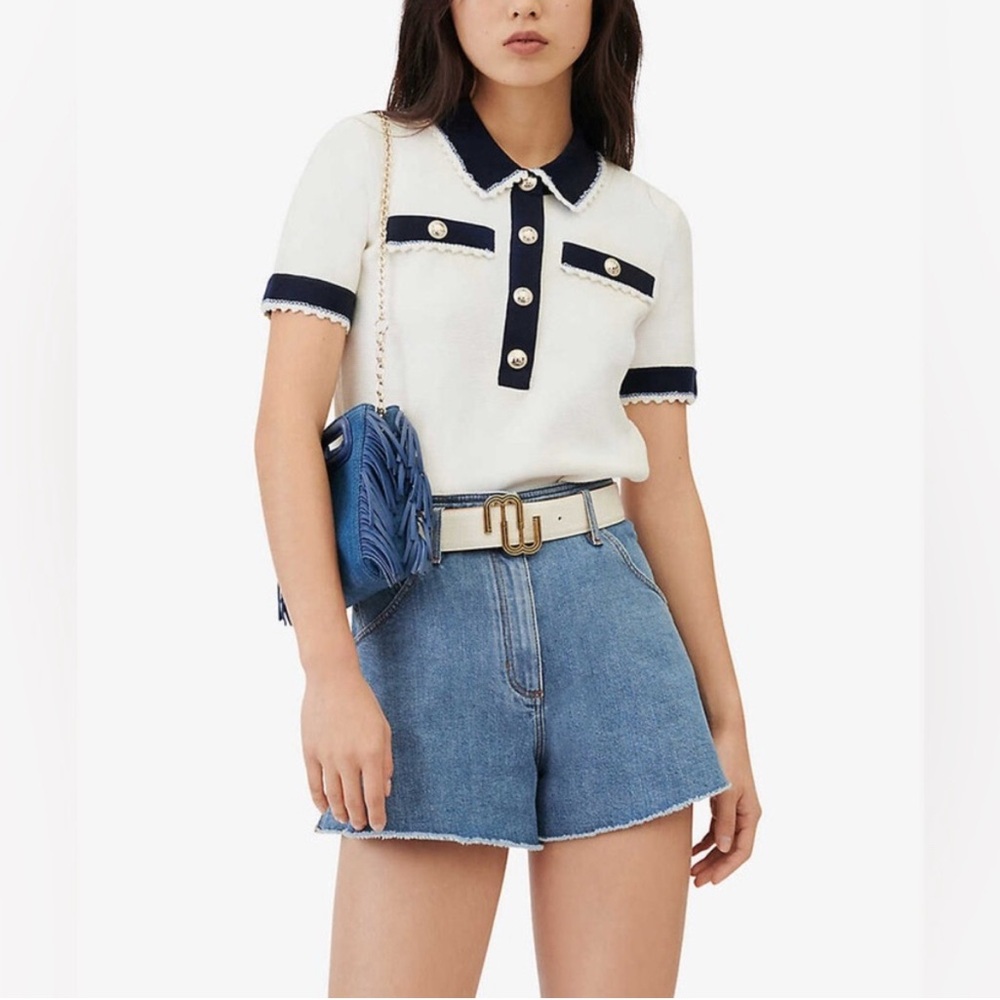 Maje Mexicano Scallop-Trimmed Polo Shirt Top Preppy